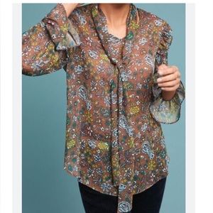 Anthropologie Eri + Ali Louisa floral long sleeve tie neck blouse XS